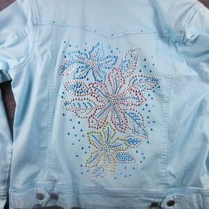 Get Lucky Jacket Womens Medium Light Blue Denim Rhinestone Floral Embellished